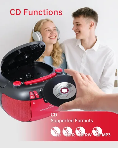 Vista 3 de Reproductor de CD Boombox con Bluetooth y reproductor de casete Radio AM/FM portátil, entrada MP3/USB/AUX, sistema de sonido estéreo