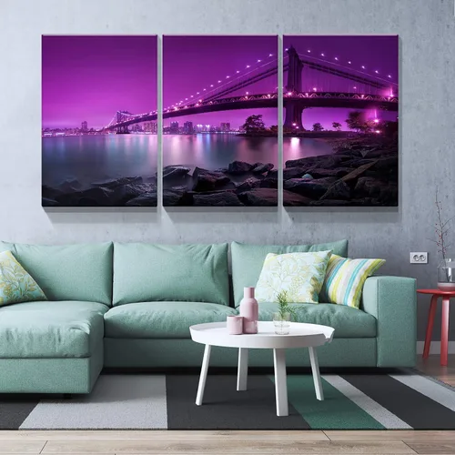 Vista 5 de Denozer - Lienzo decorativo para pared de 3 piezas - Paisaje con paisaje urbano, arte de puente, arte de pared para sala de estar, decoración