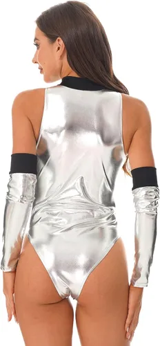 Vista 4 de Doomiva Disfraz de astronauta de charol brillante para mujer, body de corte alto con sobremanga
