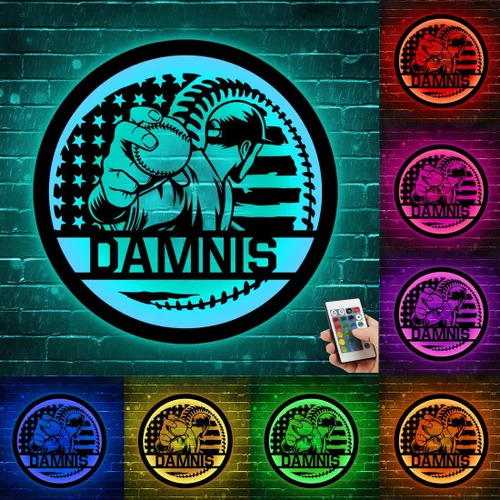 Vista 8 de Arte de Pared de Metal Personalizado de Béisbol con Bandera de EE.UU. con Luz LED, Letrero Personalizado con Nombre de Jugador de Sóftbol Americano