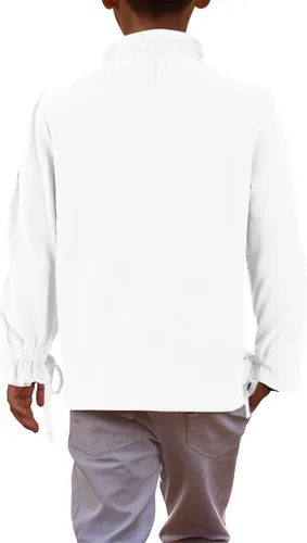 Vista 2 de Meikulo Camisas Henley pirata para niños, disfraces de Halloween, medievales, renacentistas, con cordones, para niños de 5 a 14 años