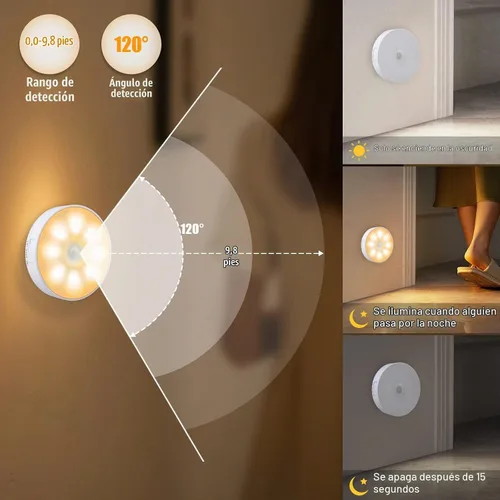 Vista 5 de 3 luces con sensor de movimiento, luz nocturna recargable (3000 K amarillo cálido) 8 LED, con cable USB y parche magnético, 3 modos, luz de pared