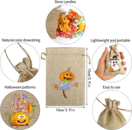 Vista 3 de LOKIPA 36 bolsas de regalo de arpillera de Halloween con cordón pequeñas bolsas de yute para niños y adultos, suministros de fiesta