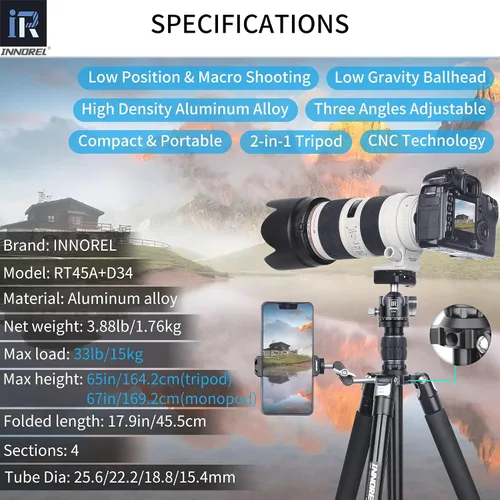 Vista 2 de INNOREL RT45A+D34 Trípode de cámara profesional de aleación de aluminio compacto portátil trípode fotográfico monopod para cámara réflex digital