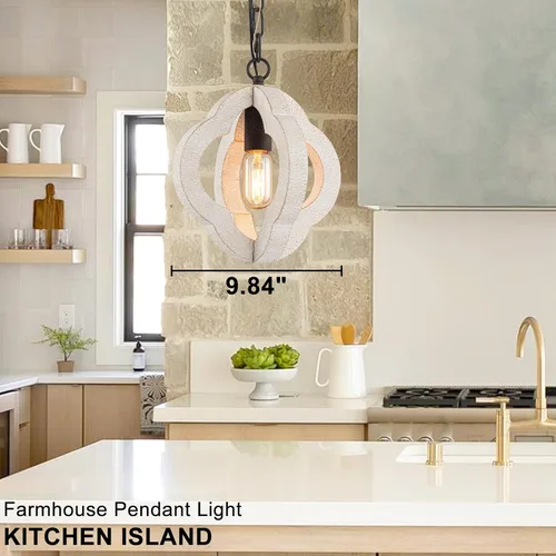 Vista 3 de Luces colgantes modernas de madera de granja de 9.84 pulgadas, orbe de isla de cocina, roble blanco envejecido, lámpara colgante de techo rústica