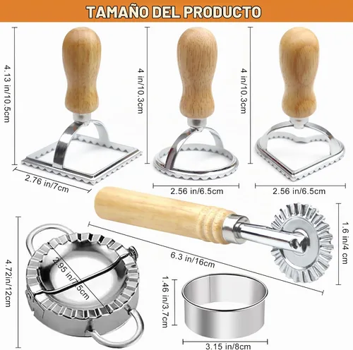 Vista 3 de Cortador de pasta de ravioles con rueda de rodillo (juego de 6), máquina de sellos para ravioles con mango de madera, herramientas de prensa