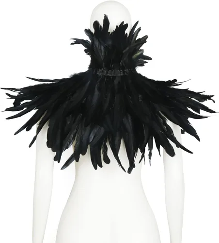 Vista 7 de Homelex, chal de pluma natural negro gótico con cuello de gargantilla