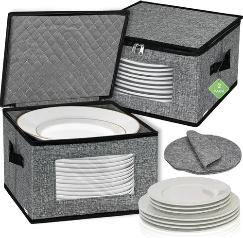 Vista 12 de homyfort Contenedores de almacenamiento de China con tapa y asas, caja de almacenamiento de vajilla para platos con 12 separadores de fieltro