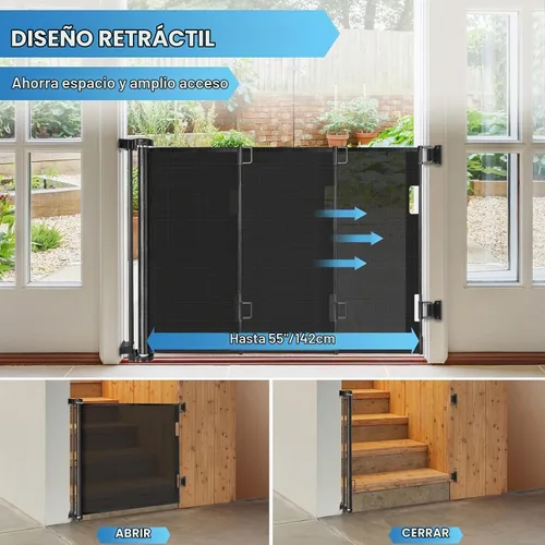 Vista 2 de Puertas retráctiles para bebés para puertas, puerta retráctil para perros de 55 pulgadas de ancho para escaleras, puertas de malla para perros