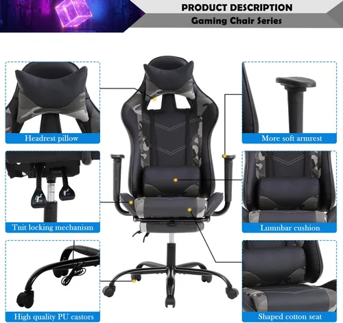Vista 3 de Silla para videojuegos, silla reclinable de piel sintética con soporte lumbar, reposacabezas y respaldo alto, silla de oficina de carreras, silla