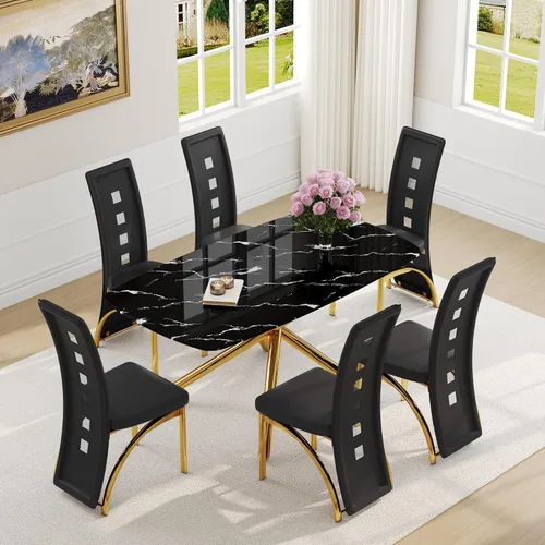 Vista 11 de Juego de mesa de comedor moderna para mesa de comedor negra de 4,63 pulgadas, juego de 4 con patas de metal dorado, mesa de cocina rectangular
