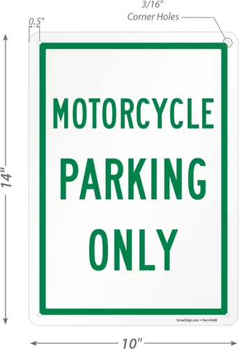 Vista 5 de SmartSign Solo estacionamiento de motocicletas, 10 x 14 pulgadas, aluminio laminado inoxidable de 40 mil, verde/blanco, letrero de metal duradero