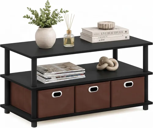 Vista 13 de Furinno Andrey - Mesa de centro con cajón de contenedor, pino ámbar/negro, pequeña parte superior sin elevación Ámbar Pino/Negro