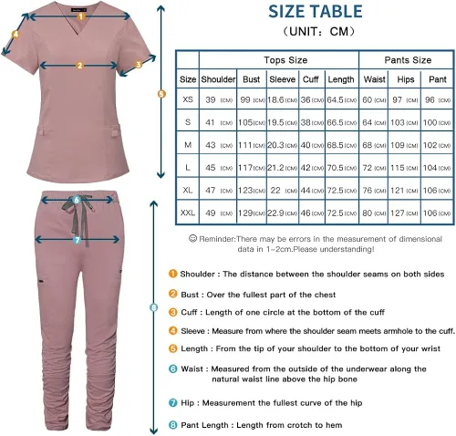 Vista 7 de niaahinn Conjunto de uniforme médico para mujer camiseta médica clásica con cuello en V y bolsillo y pantalones quirúrgicos