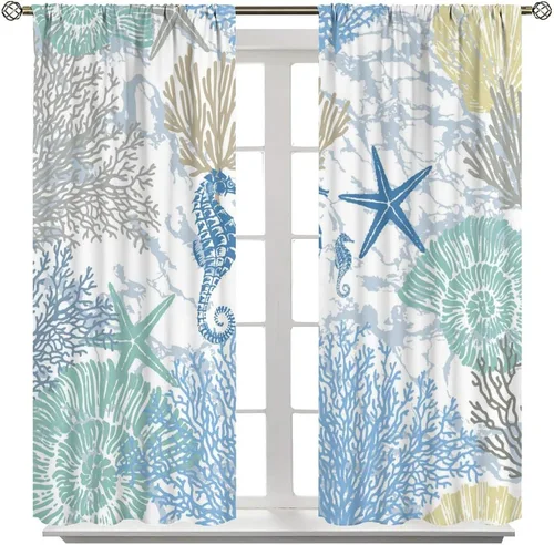 Vista 58 de Cortinas de decoración de playa con océano azul, peces náuticos costeros playeros de verano, conchas marinas, temática infantil, dormitorio, sala