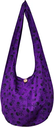 Vista 6 de BTP! - Bolso bandolera de algodón tailandés estilo hobo con diseño de calavera, punk, rock, hippie, hobo tailandés, pequeño (negro), Negro