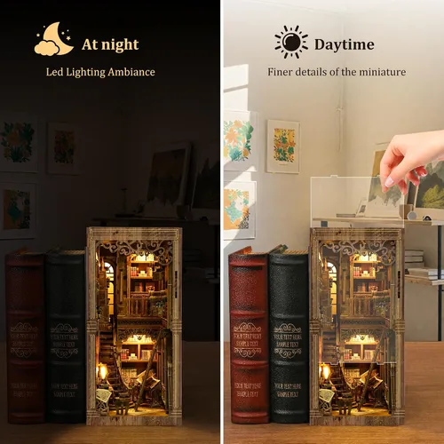 Vista 3 de SUNNINO Kit de Rincón de Libros - Kit de Casa de Muñecas en Miniatura DIY, Rompecabezas 3D de Madera con Luz LED, Kits de Rincón de Libros