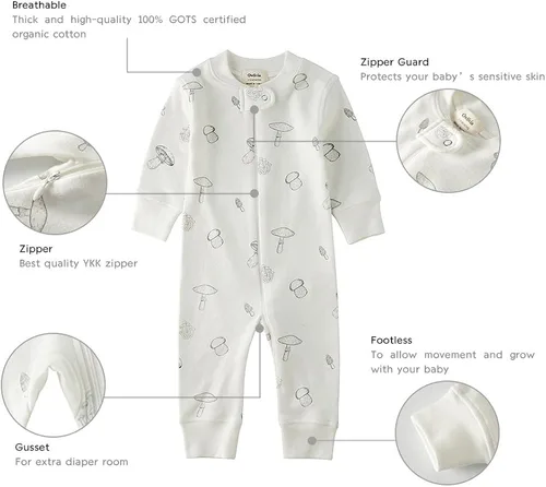 Vista 6 de Owlivia Algodón orgánico para bebés y niñas con cremallera para dormir en N Play sin pies manga larga y corta