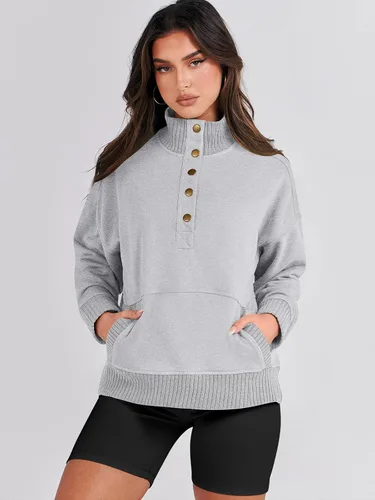 Vista 7 de ANRABESS Sudadera casual de manga larga para mujer, con botones, cuello en V, holgada, con bolsillos