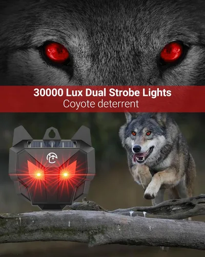 Vista 2 de Luces solares de depredador disuasorio de coyote - Repelente nocturno de animales con luces LED intermitentes rojas para gallinero, patio y jardín