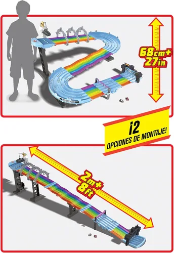 Vista 9 de Juego de pista de carreras Hot Wheels Mario Kart Rainbow Road de 8 pies con luces y sonidos y 2 vehículos a escala 1:64, carrera con curso colorido