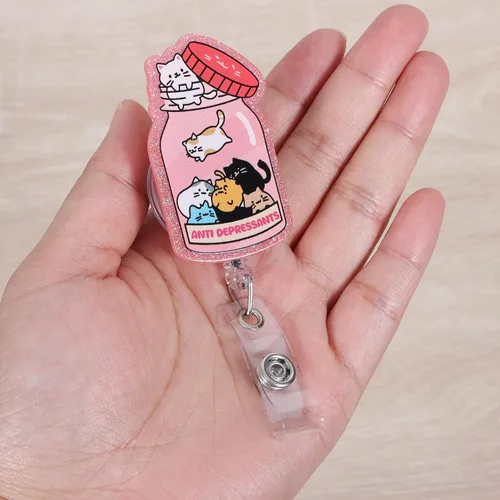 Vista 6 de 2Pcs Funny Cat Nurse Badge Reel Anti Depressants, Cute Pink Retractable ID Card Badge Holder with Alligator Clip, Name Tag Medical Badge Buddy for