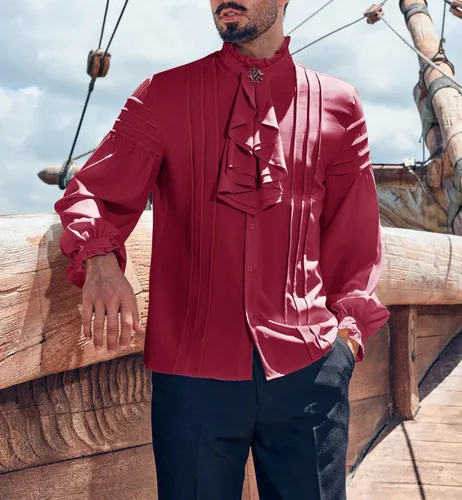 Vista 2 de Runcati Camisas medievales de pirata para hombre, con volantes, steampunk, victoriano, cosplay, disfraz gótico renacentista, camisa vikinga