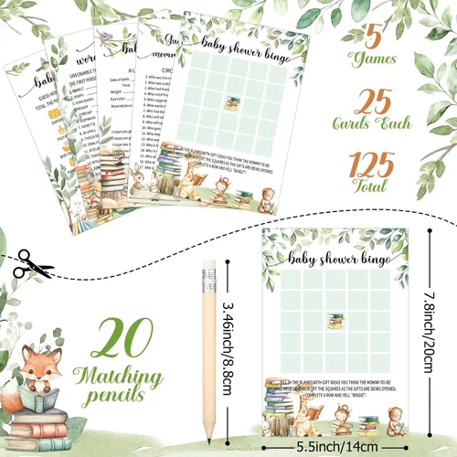 Vista 4 de Yinder 145 tarjetas de actividades para juegos de baby shower con 20 lápices, incluye descripción de bingo para bebés y deseos, adivina quién es