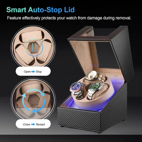 Vista 4 de Bobinador de relojes Anyasun para relojes automáticos, caja de bobinador de 3 relojes con pantalla LED, motor japonés ultra silencioso, 4 modos