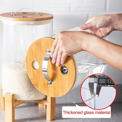 Vista 4 de Dispensador de arroz de 5 L, cubo de vidrio dispensador de granos, dispensador de cereales para cocina y organización de despensa, recipiente grande