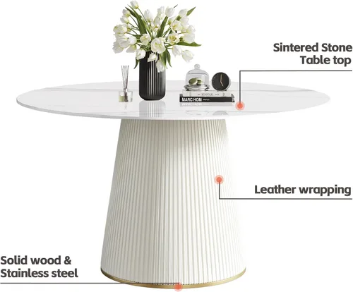 Vista 4 de Mesa de comedor redonda para 6, mesa de piedra sinterizada con marco de madera maciza, mesa de comedor blanca de 53 pulgadas para comedor y cocina