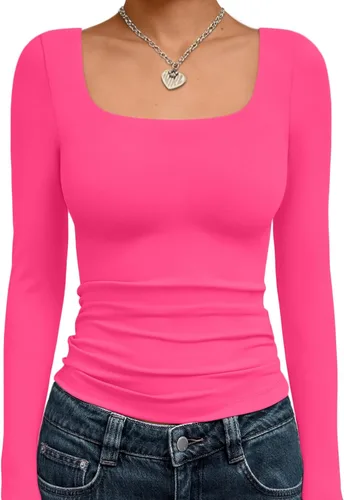 Vista 28 de Trendy Queen - Camisas ombligueras para mujer, manga larga, cuello cuadrado, básicas, para salir, de invierno, Y2K Albaricoque