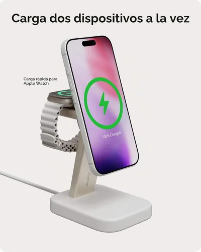 Vista 3 de Mophie Soporte de carga inalámbrico 2 en 1, certificado Qi2, cargador MagSafe para iPhone y Apple Watch, estación de carga rápida con soporte