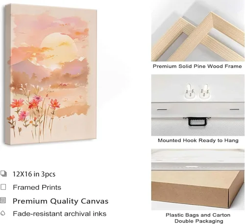 Vista 7 de 3 piezas de lienzo de amanecer para pared, flores silvestres rosas rubor, flores silvestres florales y naranjas, acuarela, pinturas de paisaje