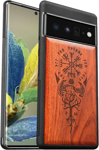 Vista 12 de Carveit Funda de madera para Pixel 6 Pro [madera real y TPU suave] a prueba de golpes, híbrida, cubierta de madera única y elegante compatible