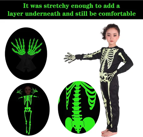 Vista 5 de Disfraz de esqueleto con brillo en la oscuridad para niños niños pequeños vestido de fiesta de Halloween para niñas y niños