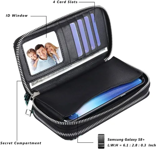 Vista 5 de Cartera de teléfono celular para mujer con doble cremallera y correa de muñeca extraíble