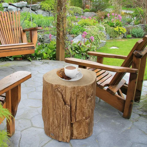 Vista 7 de HOMCOM Taburete de tocón de árbol, mesa auxiliar decorativa con mesa redonda, mesa auxiliar de hormigón con acabado de grano de madera