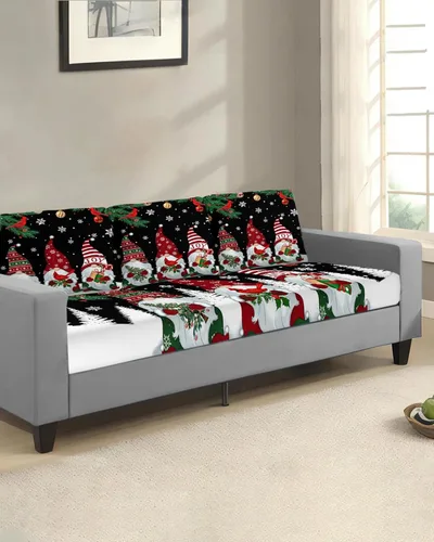 Vista 2 de Funda de sofá para sofá de 3 cojines, 1 pieza, gnomo de copo de nieve, adornos de Navidad, pino, funda elástica duradera para sala de estar, niños