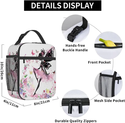 Vista 6 de Bolsa de almuerzo para niños con diseño de mariposas y flores con aislamiento térmico para niños y niñas, para el regreso a la escuela