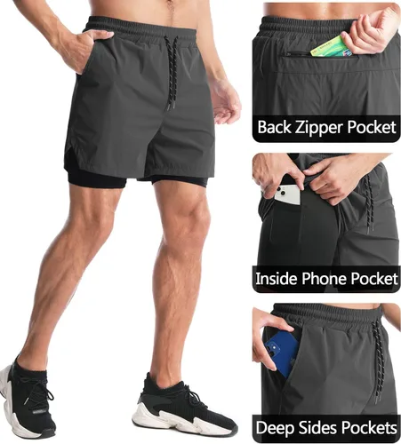 Vista 2 de Aolesy Pantalones cortos de correr 2 en 1 para hombre, pantalones cortos deportivos de entrenamiento para hombre, de secado rápido, ligeros