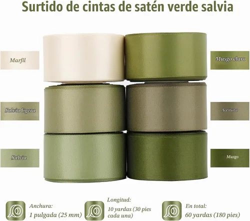 Vista 2 de Sage Green Satin Ribbon 1 Inch x 60 Yards, 6 Rolls Sage 1