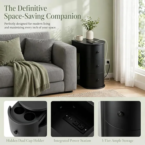 Vista 4 de Henf Wooden Narrow Side Table w/Charging Station&Hidden Cup Holders,Black Black-3 Drawers