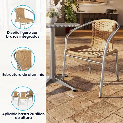 Vista 4 de EMMA + OLIVER Silla apilable de aluminio y ratán beige para interiores y exteriores Aluminio y beige