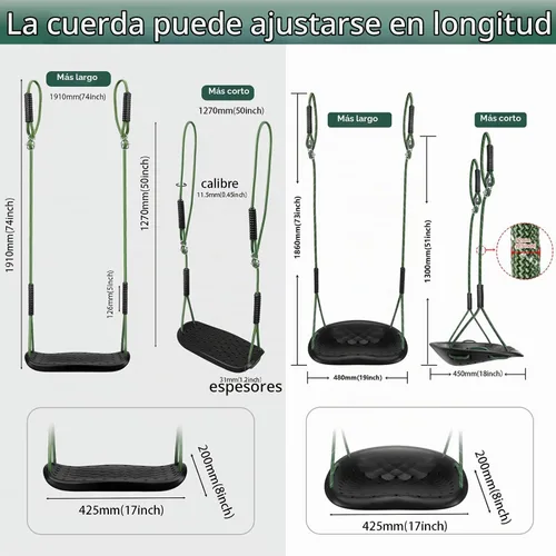Vista 3 de Asiento de columpio resistente, columpio para niños pequeños y asiento de columpio plano antideslizante con cuerdas ajustables, accesorios
