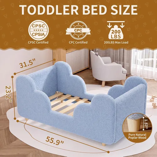 Vista 2 de Cama Montessori tapizada con rieles extraíbles Azul bebé