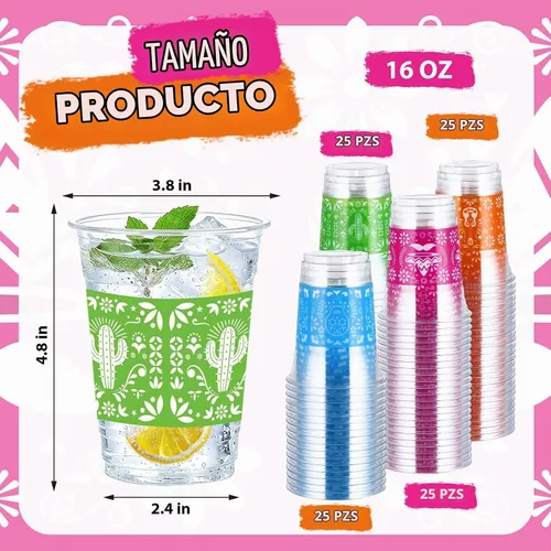 Vista 2 de 100 vasos de plástico para fiesta mexicana de 16 onzas