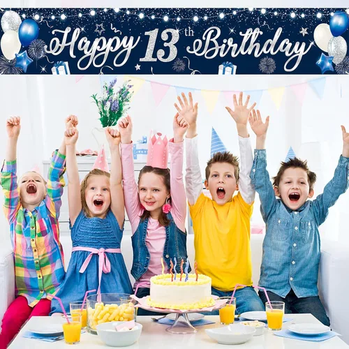 Vista 4 de Domgoge Cartel de decoración de feliz cumpleaños número 13, grande, azul y plateado, cartel de feliz cumpleaños de 13 años, suministros