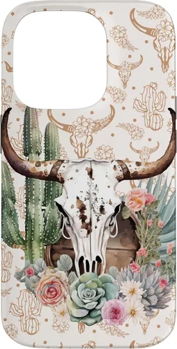 Vista 17 de Western Boho Chic Longhorn Bull Skull Cactus Beige Pattern Case for iPhone 17