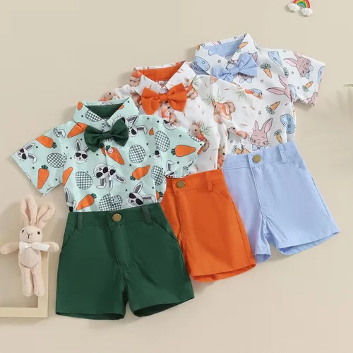 Vista 2 de Lnzyyephy Conjunto de ropa de verano para bebé niño, camisa de manga corta con botones + pantalones cortos sólidos